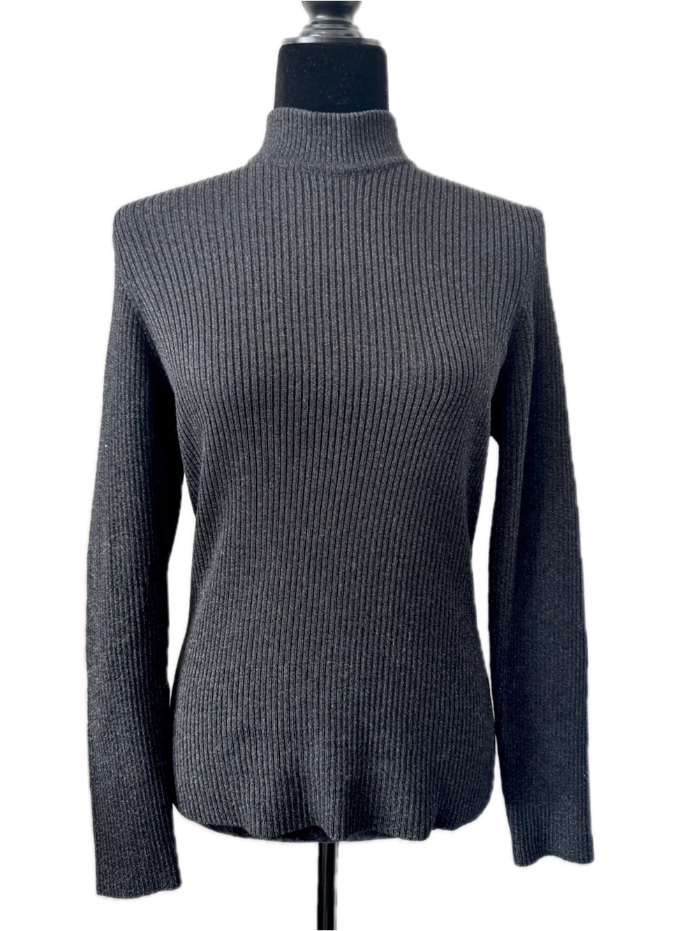 JAEGER 90% Merino Wool Ribbed Mock/Turtleneck Sweater Gray Large Minimalist